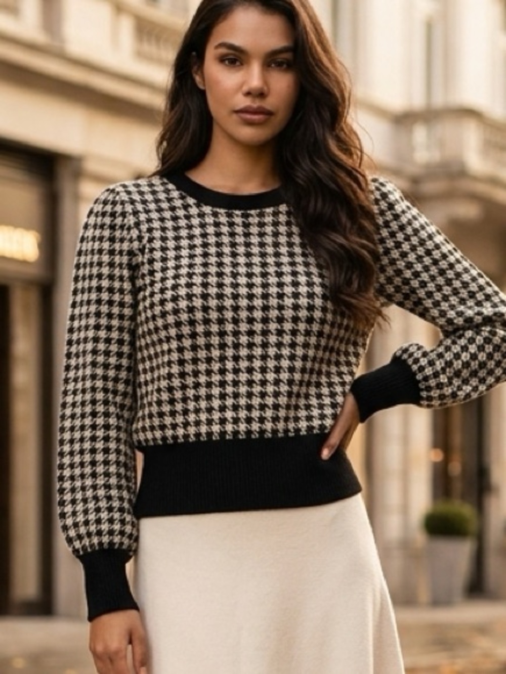 Calvin Klein Black and Cream Midi A-Line Skirt